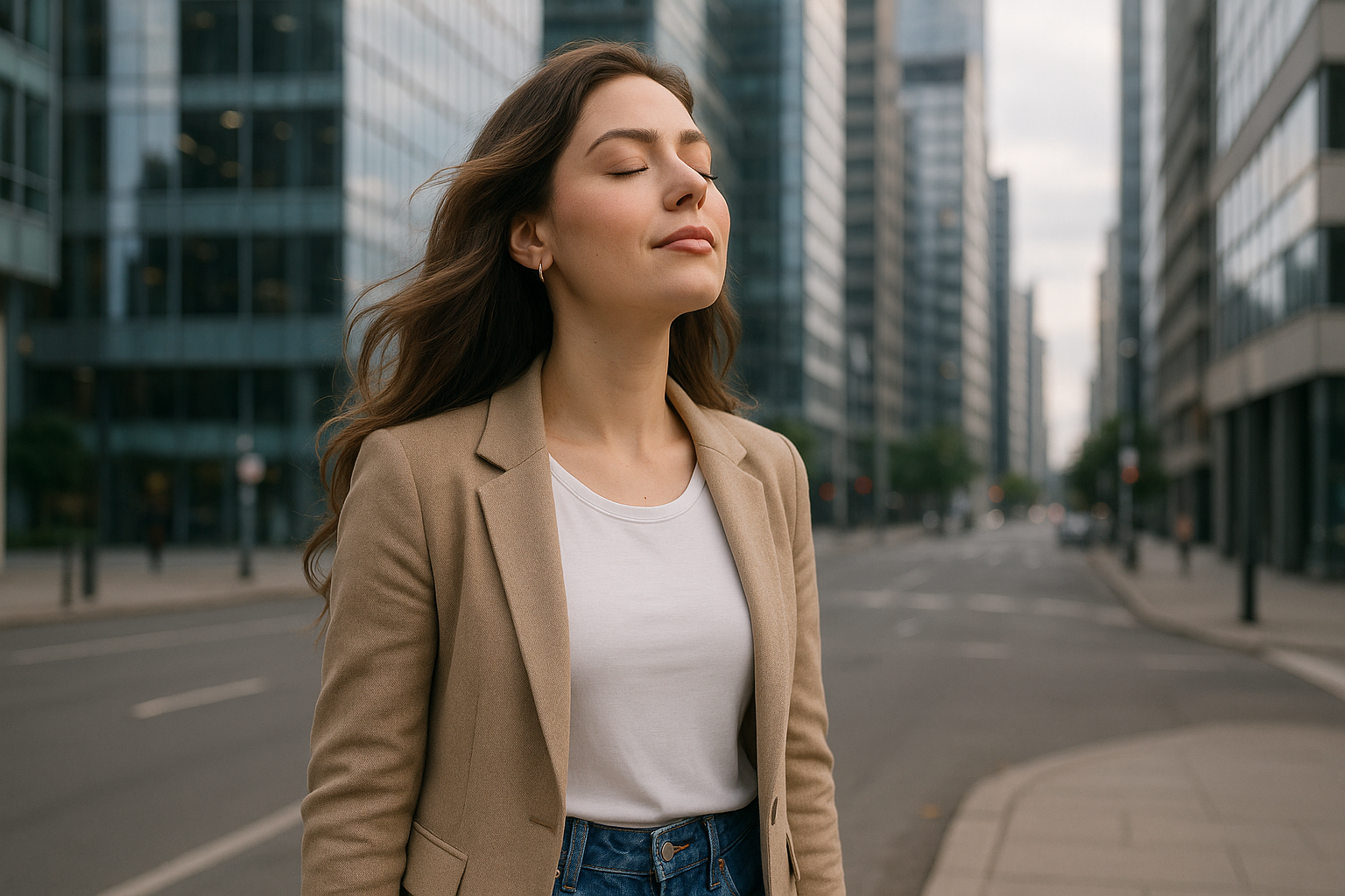 Beautifull woman deep breath - modern looking women - urban