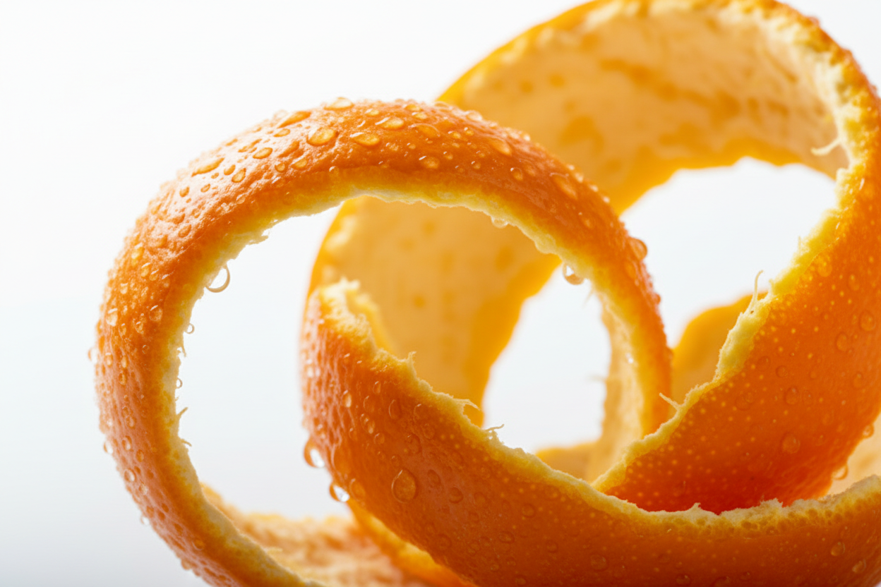 create a photo ingrediecne Orange peel looking tashy, fresh and juice some droplets of water. On whhite background