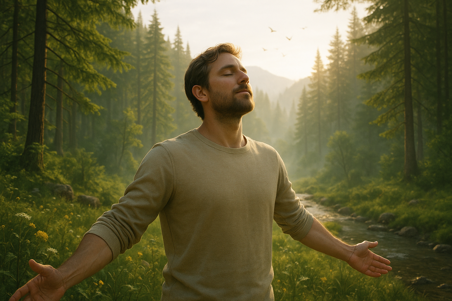 Men has very nice breathing experience in nature somewhere