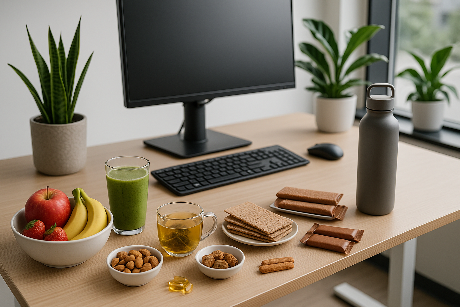 Healthy products in office lifestyle photo for B2B page for comapny offering healthy alternatives